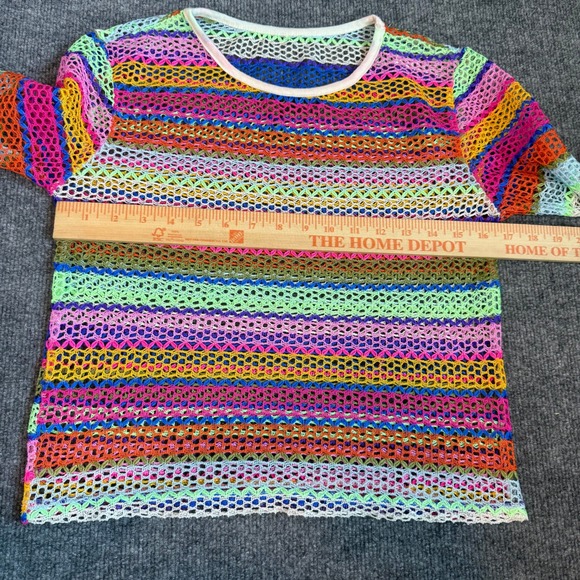 Crochet Rainbow Striped Mesh Long Sleeve Top Women's Multi Color Sheer Festival - Picture 7 of 8